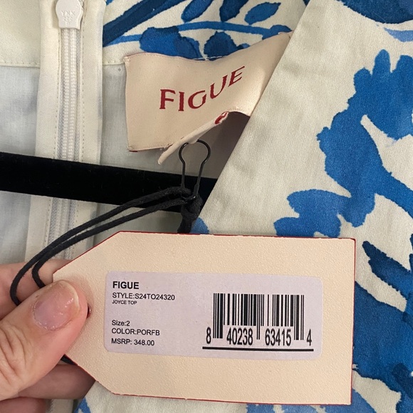 Figue NWT Blue and white Floral Joyce Top Vneck Bubble sleeve size 2 $348 - Picture 6 of 8